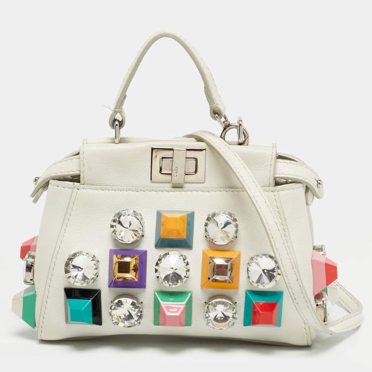 Pre Owned Fendi White Leather Micro Peekaboo Embellished Crossbody Bag