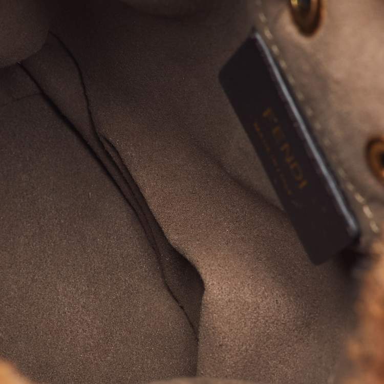 Pre Owned Fendi Brown Shearling Fur and Leather Mini Mon Tresor Drawstring Bucket Bag