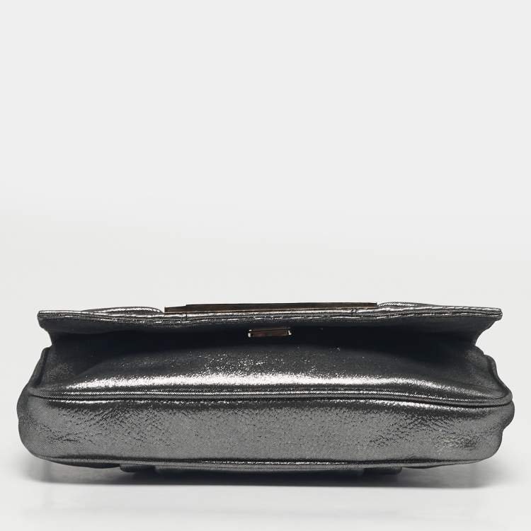 Pre Owned Fendi Metallic Grey Shimmer Leather Mia Pochette Bag