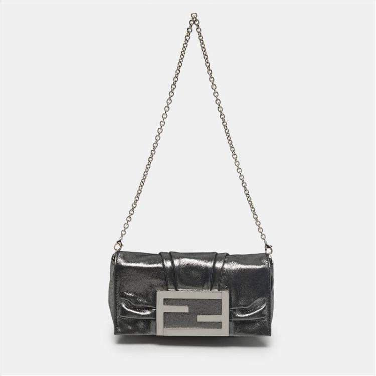Pre Owned Fendi Metallic Grey Shimmer Leather Mia Pochette Bag