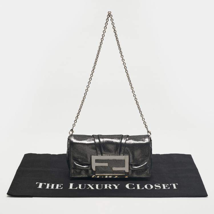 Pre Owned Fendi Metallic Grey Shimmer Leather Mia Pochette Bag