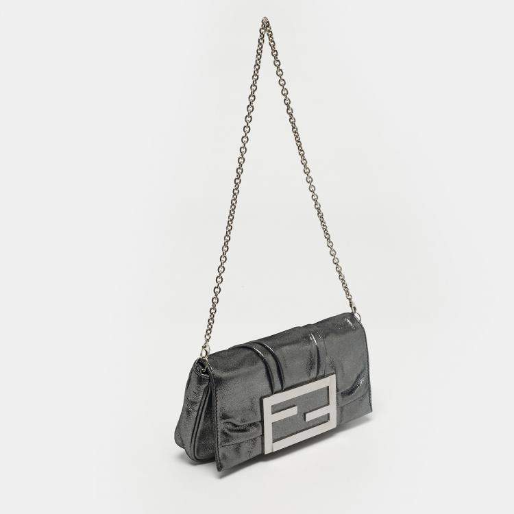 Pre Owned Fendi Metallic Grey Shimmer Leather Mia Pochette Bag