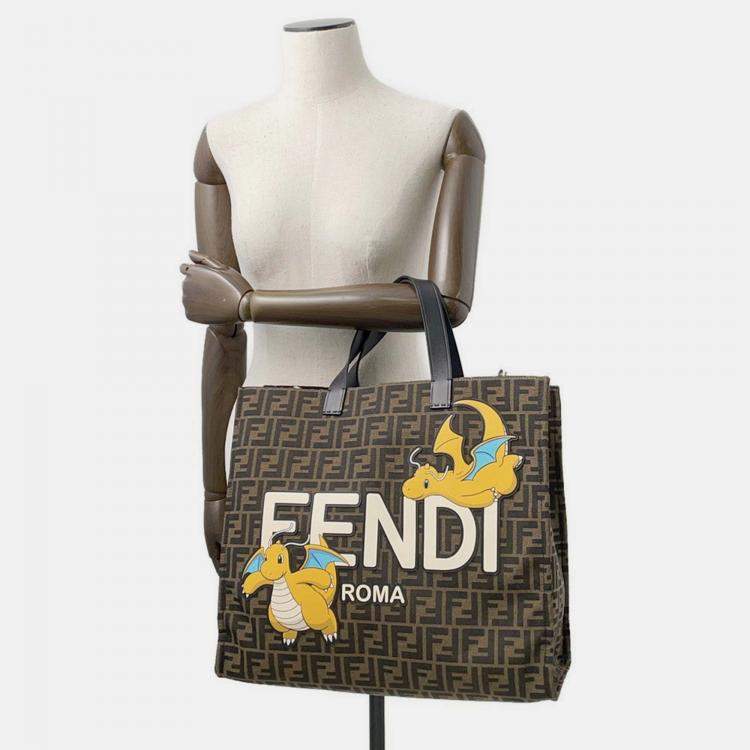 Pre Owned Fendi Fragment 2-Way Tote Bag Pokemon Dragonite Brown/Black Canvas
