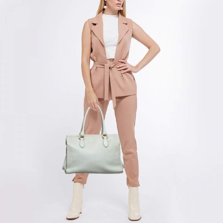 Pre Owned Fendi Mint Green Selleria Leather Firenze Frame Tote