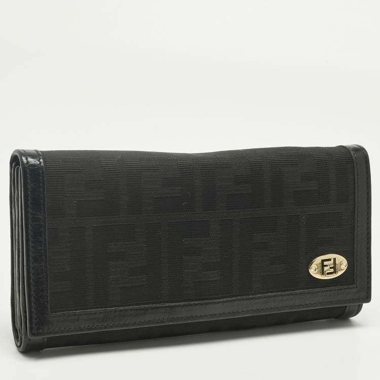 Pre Owned Fendi Black Zucca Fabric and Leather Logo Trifold Continental Wallet