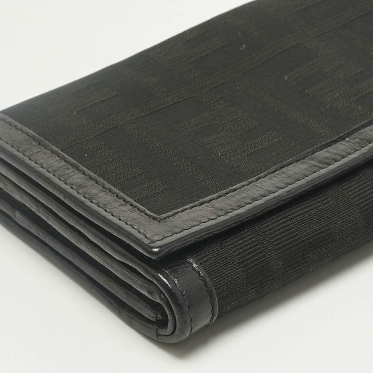 Pre Owned Fendi Black Zucca Fabric and Leather Logo Trifold Continental Wallet