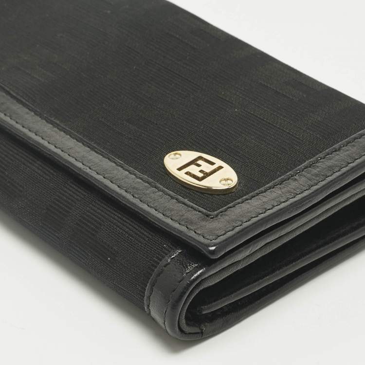 Pre Owned Fendi Black Zucca Fabric and Leather Logo Trifold Continental Wallet