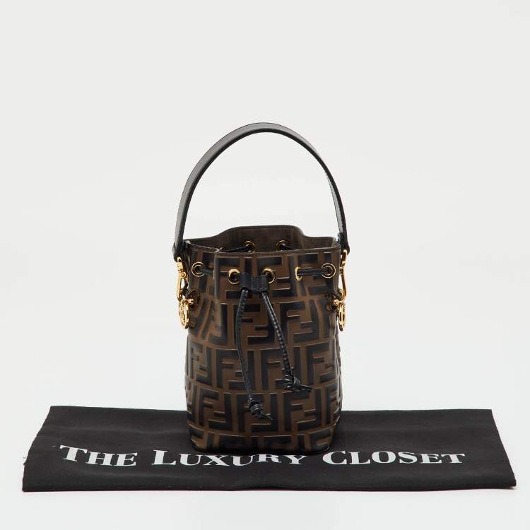 Pre Owned Fendi Brown/Black Zucca Leather Mini Mon Tresor Drawstring Bucket Bag