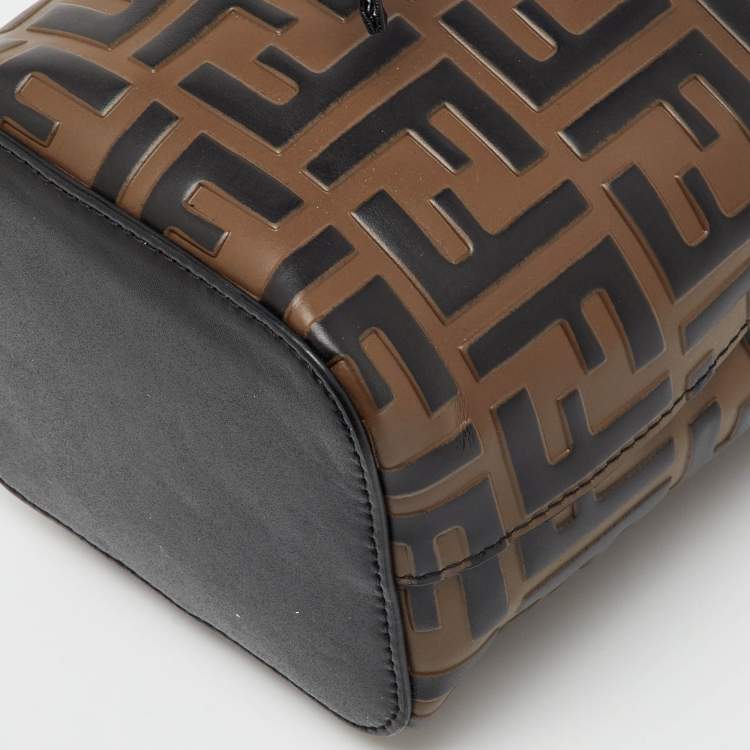 Pre Owned Fendi Brown/Black Zucca Leather Mini Mon Tresor Drawstring Bucket Bag