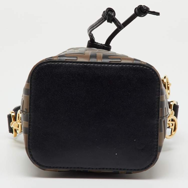 Pre Owned Fendi Brown/Black Zucca Leather Mini Mon Tresor Drawstring Bucket Bag