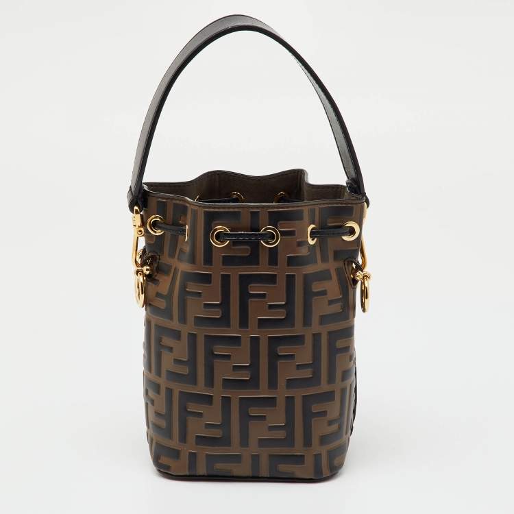 Pre Owned Fendi Brown/Black Zucca Leather Mini Mon Tresor Drawstring Bucket Bag