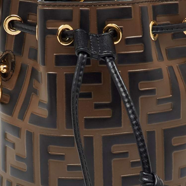 Pre Owned Fendi Brown/Black Zucca Leather Mini Mon Tresor Drawstring Bucket Bag