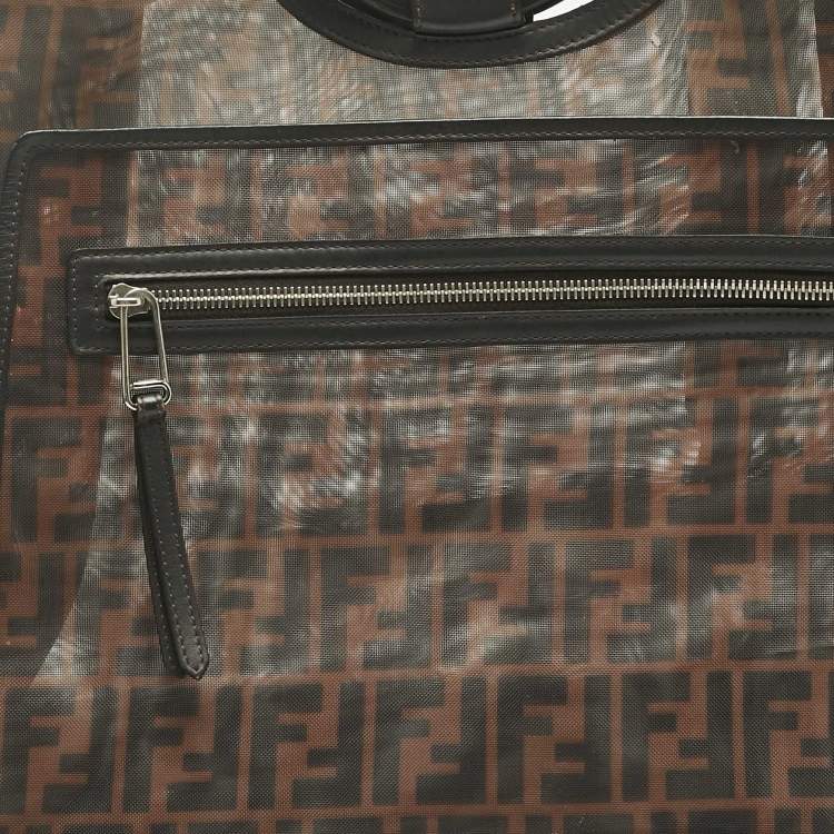 Pre Owned Fendi Tobacco/Black FF Mesh and Leather Large Runaway Shopper Tote