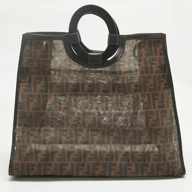 Pre Owned Fendi Tobacco/Black FF Mesh and Leather Large Runaway Shopper Tote