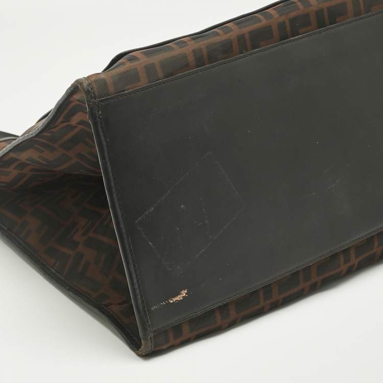 Pre Owned Fendi Tobacco/Black FF Mesh and Leather Large Runaway Shopper Tote