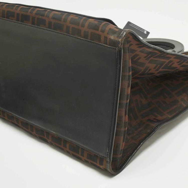 Pre Owned Fendi Tobacco/Black FF Mesh and Leather Large Runaway Shopper Tote