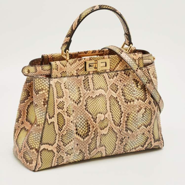 Pre Owned Fendi Green/Beige Python Medium Peekaboo Top Handle Bag