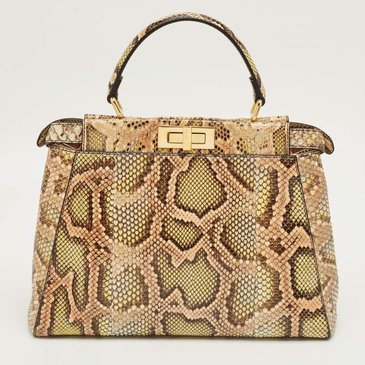 Pre Owned Fendi Green/Beige Python Medium Peekaboo Top Handle Bag