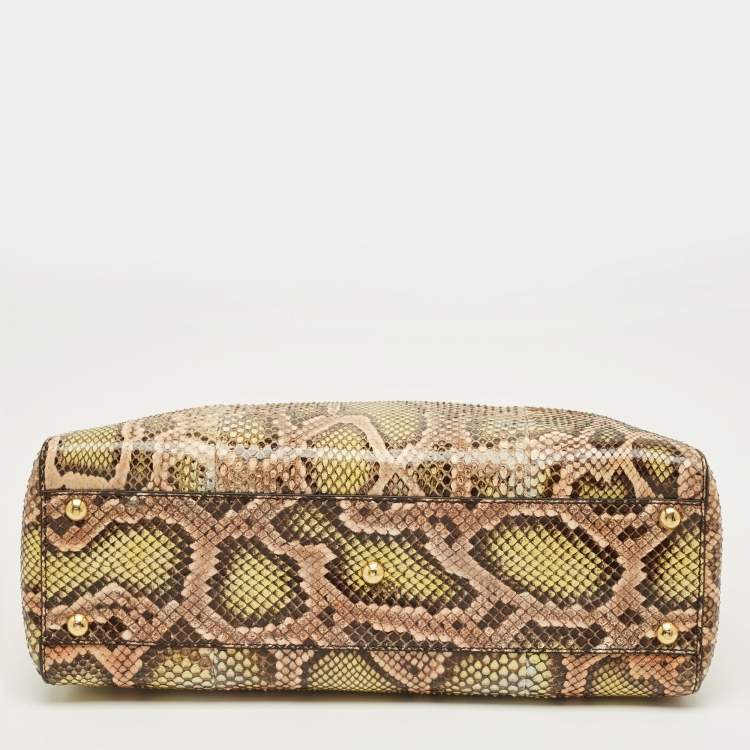 Pre Owned Fendi Green/Beige Python Medium Peekaboo Top Handle Bag