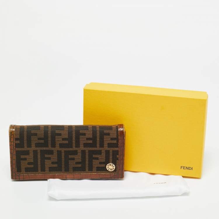 Pre Owned Fendi Tobacco Zucca Canvas and Croc Embossed Leather Flap Continental Wallet