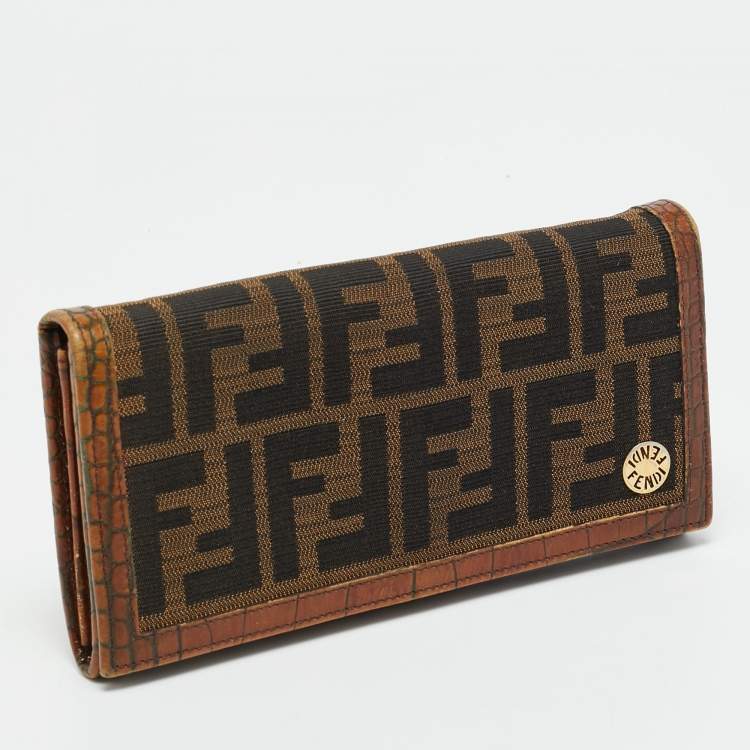 Pre Owned Fendi Tobacco Zucca Canvas and Croc Embossed Leather Flap Continental Wallet