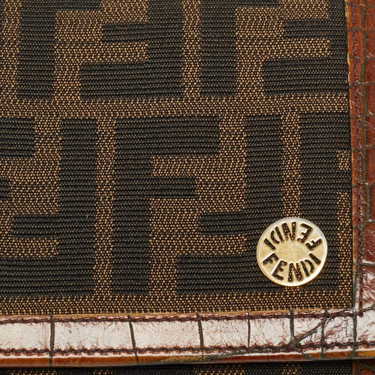 Pre Owned Fendi Tobacco Zucca Canvas and Croc Embossed Leather Flap Continental Wallet