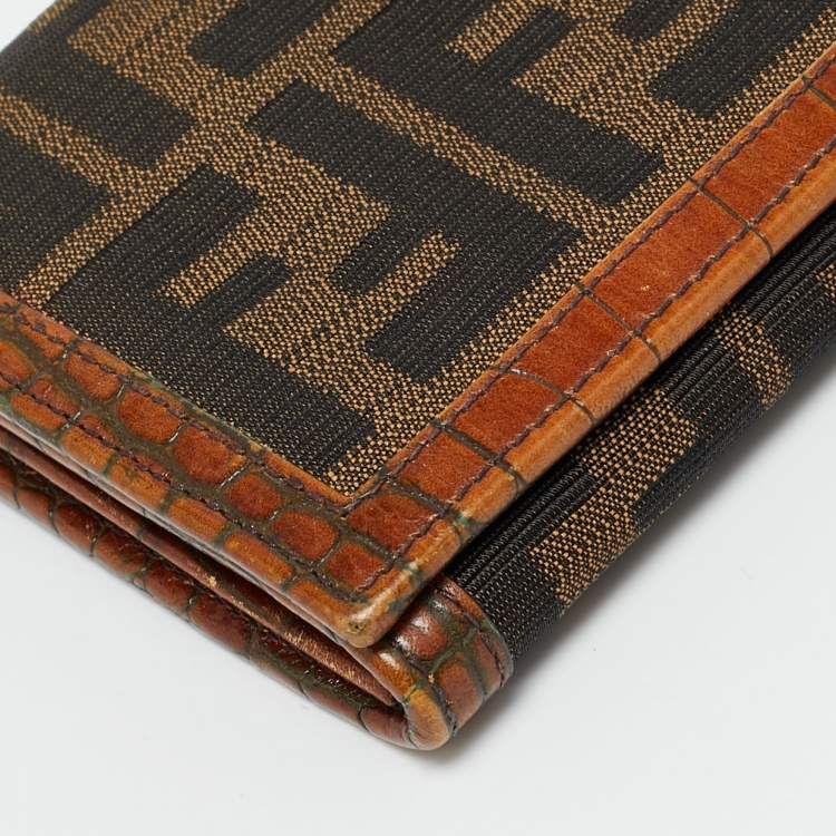 Pre Owned Fendi Tobacco Zucca Canvas and Croc Embossed Leather Flap Continental Wallet