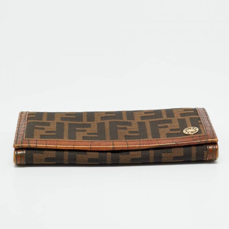 Pre Owned Fendi Tobacco Zucca Canvas and Croc Embossed Leather Flap Continental Wallet