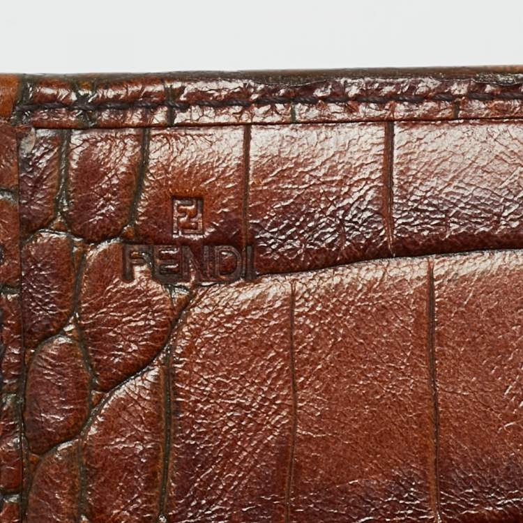 Pre Owned Fendi Tobacco Zucca Canvas and Croc Embossed Leather Flap Continental Wallet