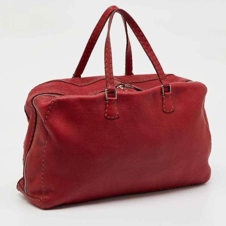 Pre Owned Fendi Dark Red Leather Selleria Travel Satchel