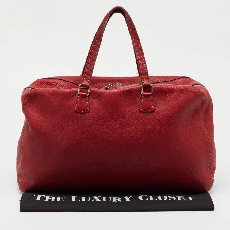 Pre Owned Fendi Dark Red Leather Selleria Travel Satchel