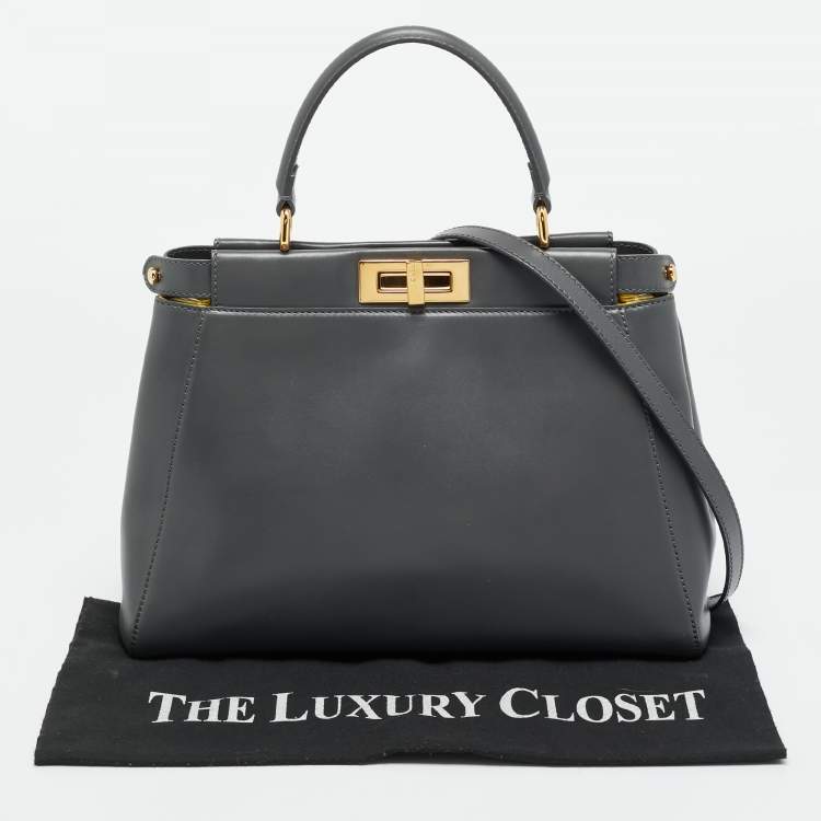 Pre Owned Fendi Dark Grey Leather Medium Peekaboo Top Handle Bag