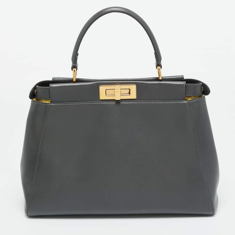Pre Owned Fendi Dark Grey Leather Medium Peekaboo Top Handle Bag