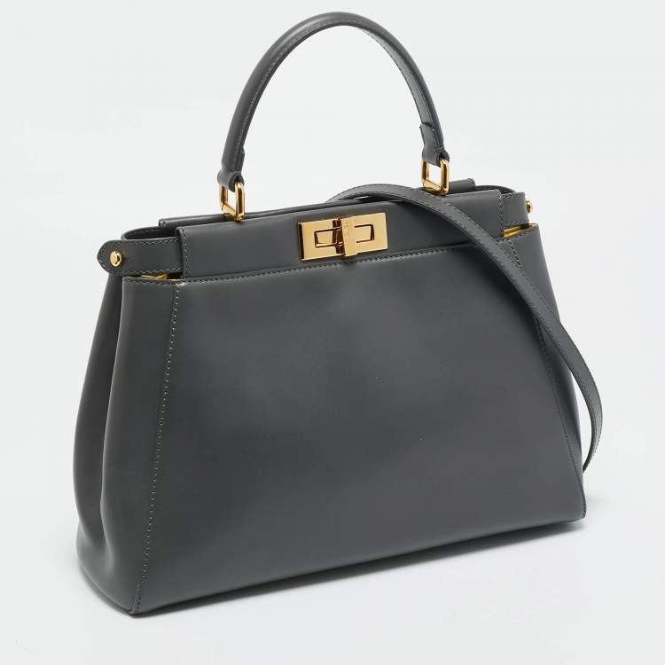 Pre Owned Fendi Dark Grey Leather Medium Peekaboo Top Handle Bag