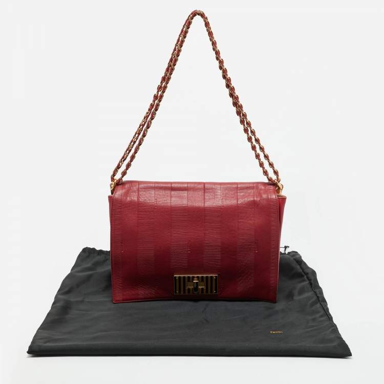 Pre Owned Fendi Red Pequin Embossed Leather Large Claudia Shoulder Bag