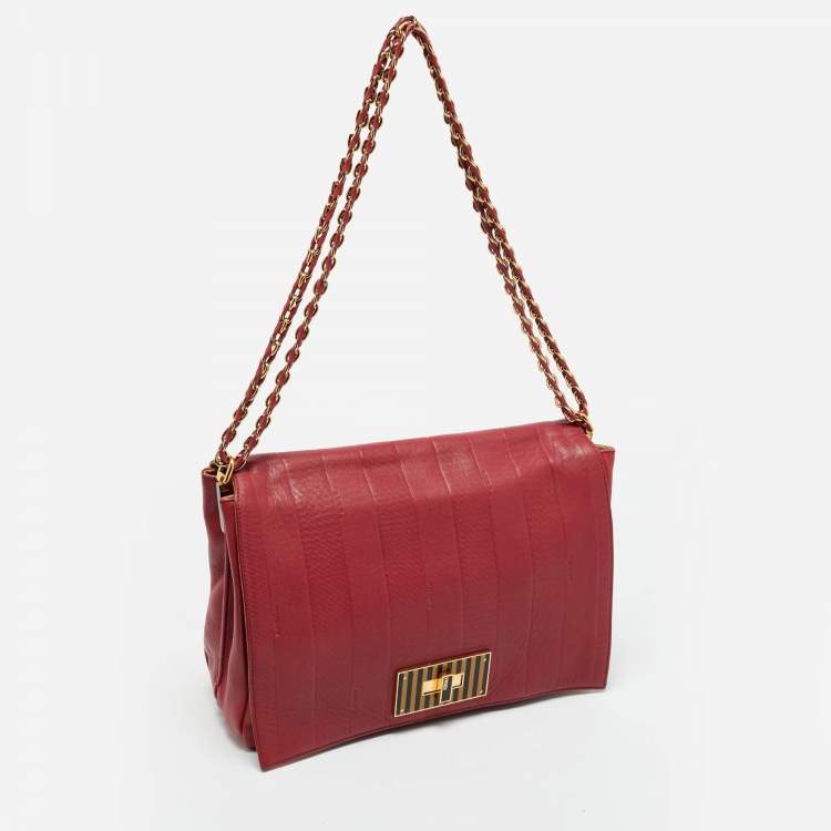 Pre Owned Fendi Red Pequin Embossed Leather Large Claudia Shoulder Bag