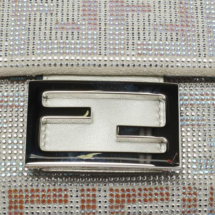 Pre Owned Fendi Silver Suede FF Iridescent Crystals Mini Baguette Bag
