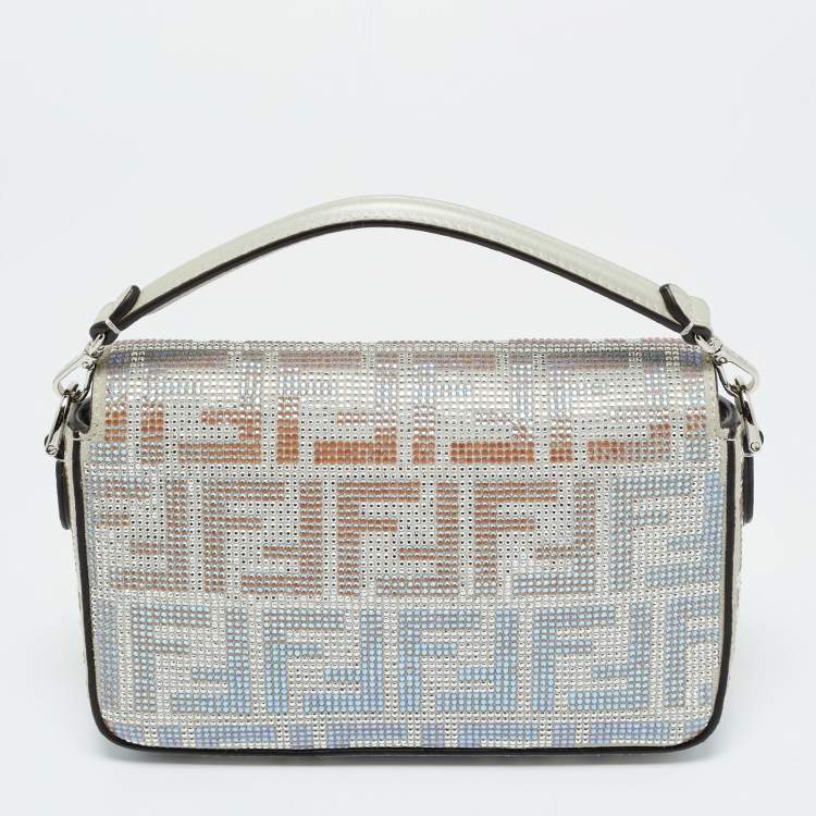 Pre Owned Fendi Silver Suede FF Iridescent Crystals Mini Baguette Bag
