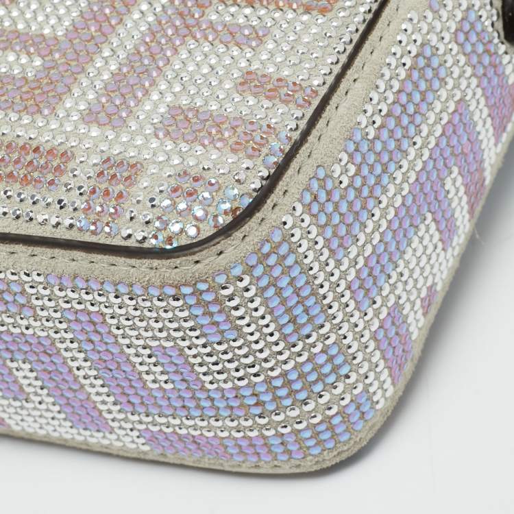 Pre Owned Fendi Silver Suede FF Iridescent Crystals Mini Baguette Bag