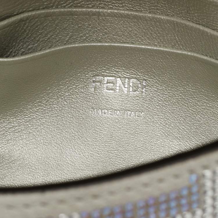 Pre Owned Fendi Silver Suede FF Iridescent Crystals Mini Baguette Bag