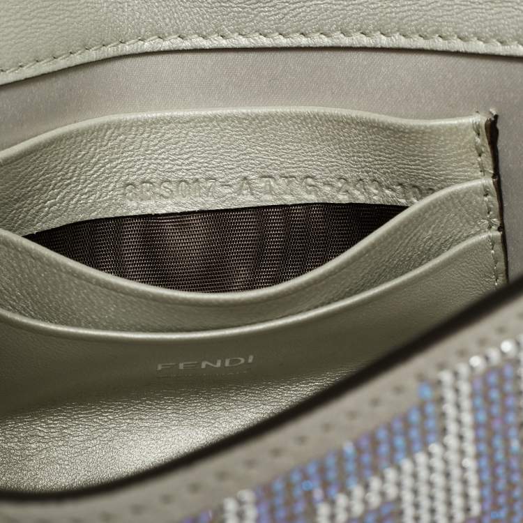Pre Owned Fendi Silver Suede FF Iridescent Crystals Mini Baguette Bag