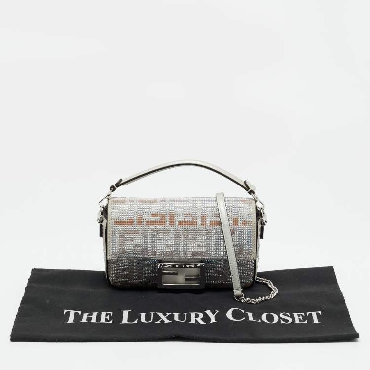 Pre Owned Fendi Silver Suede FF Iridescent Crystals Mini Baguette Bag
