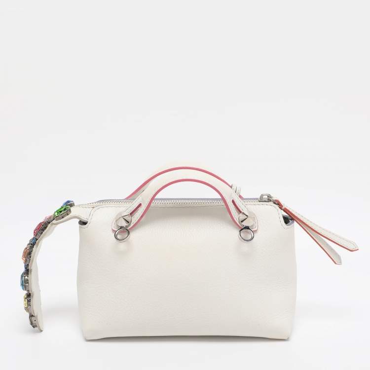 Pre Owned Fendi White Leather Mini By The Way Embellished Crossbody Bag