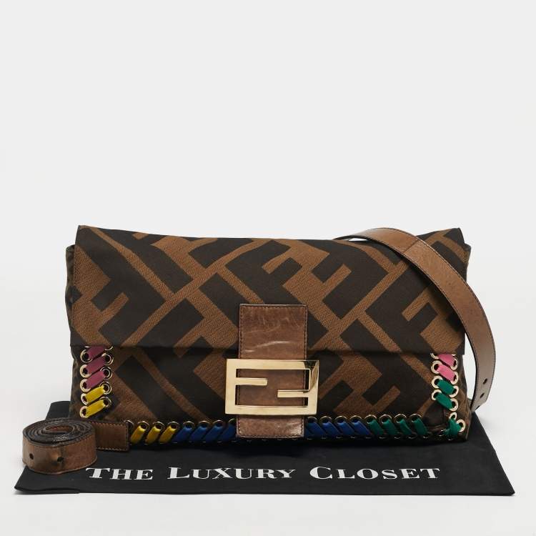 Pre Owned Fendi Brown Giant Zucca Canvas Large Whipstitch Convertible Baguette Bag