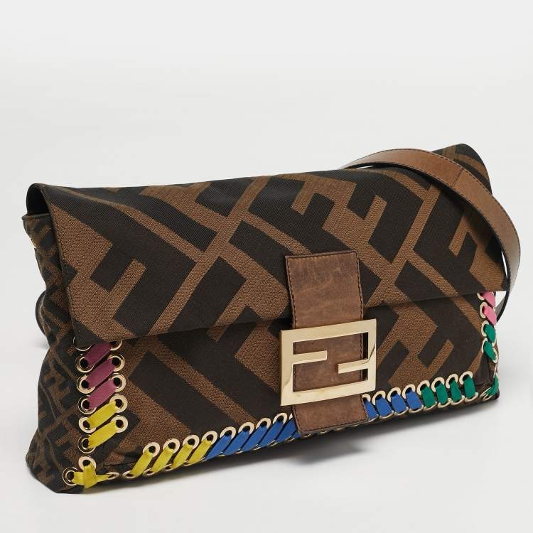 Pre Owned Fendi Brown Giant Zucca Canvas Large Whipstitch Convertible Baguette Bag