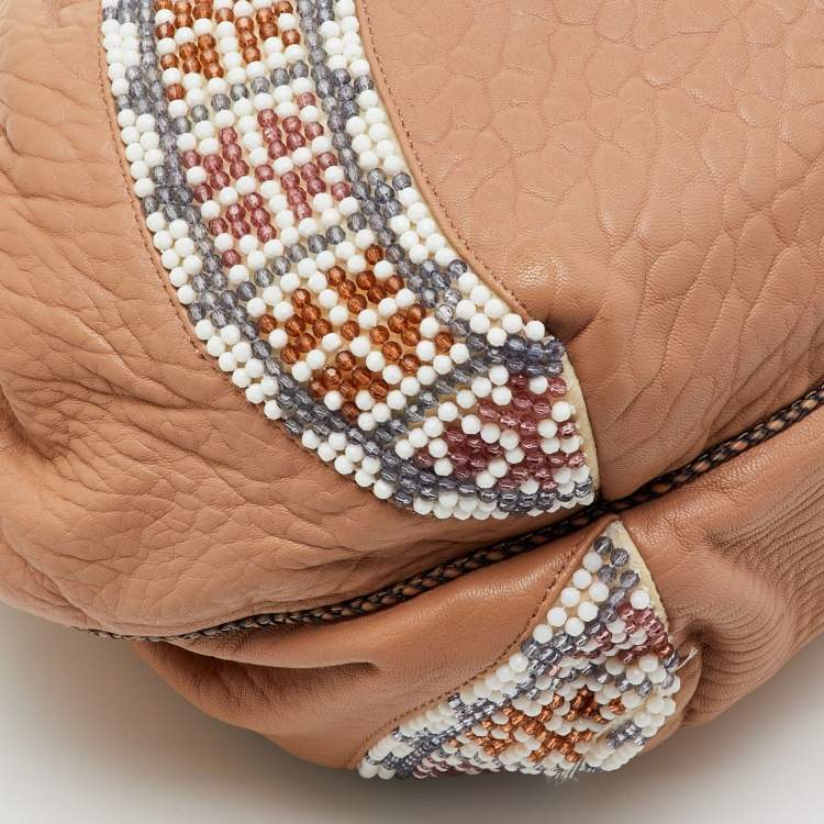 Pre Owned Fendi Beige Leather Beaded Spy Hobo
