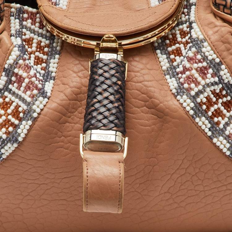 Pre Owned Fendi Beige Leather Beaded Spy Hobo