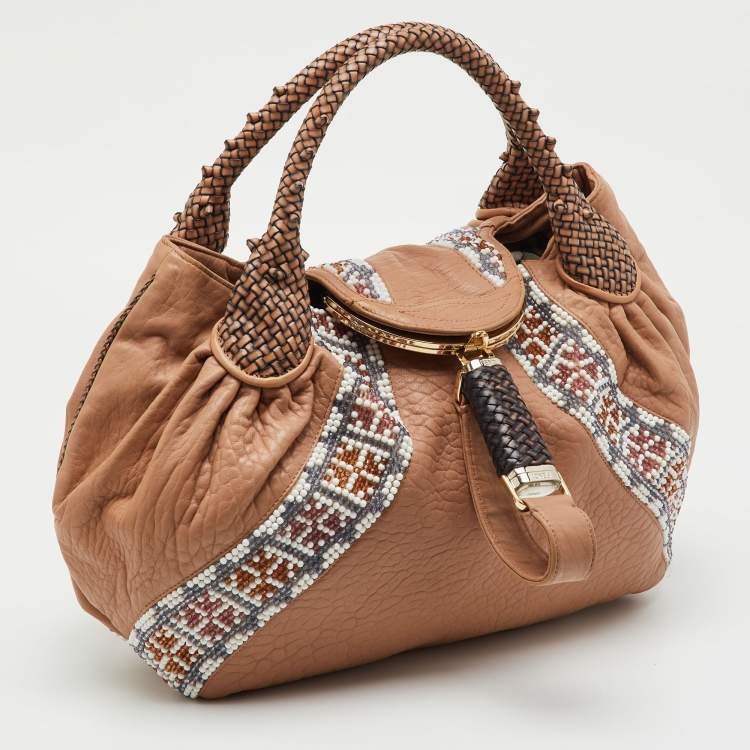 Pre Owned Fendi Beige Leather Beaded Spy Hobo