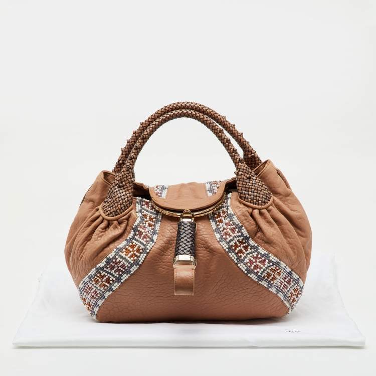 Pre Owned Fendi Beige Leather Beaded Spy Hobo