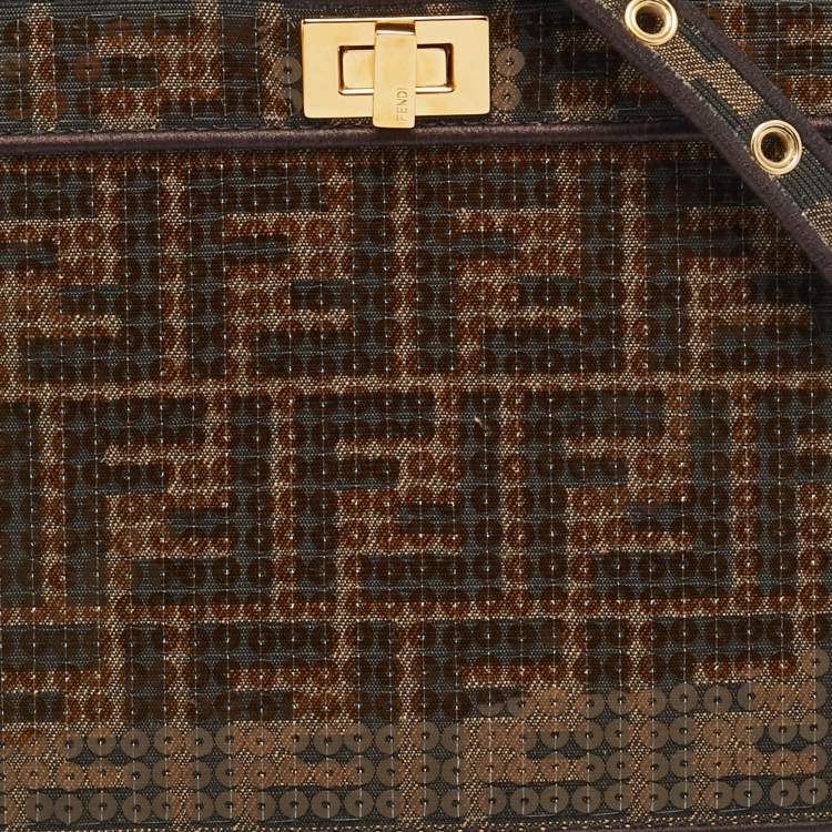 Pre Owned Fendi Tobacco Zucca Canvas and Sequins Petite Peekaboo ISeeU Top Handle Bag